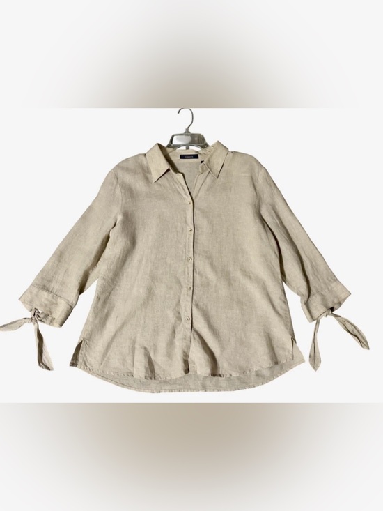 Liz Claiborne Tops - Liz Claiborne Boxy Linen Top Sz L Beige Knot Sleeve Coastal Lagenlook Minimalist